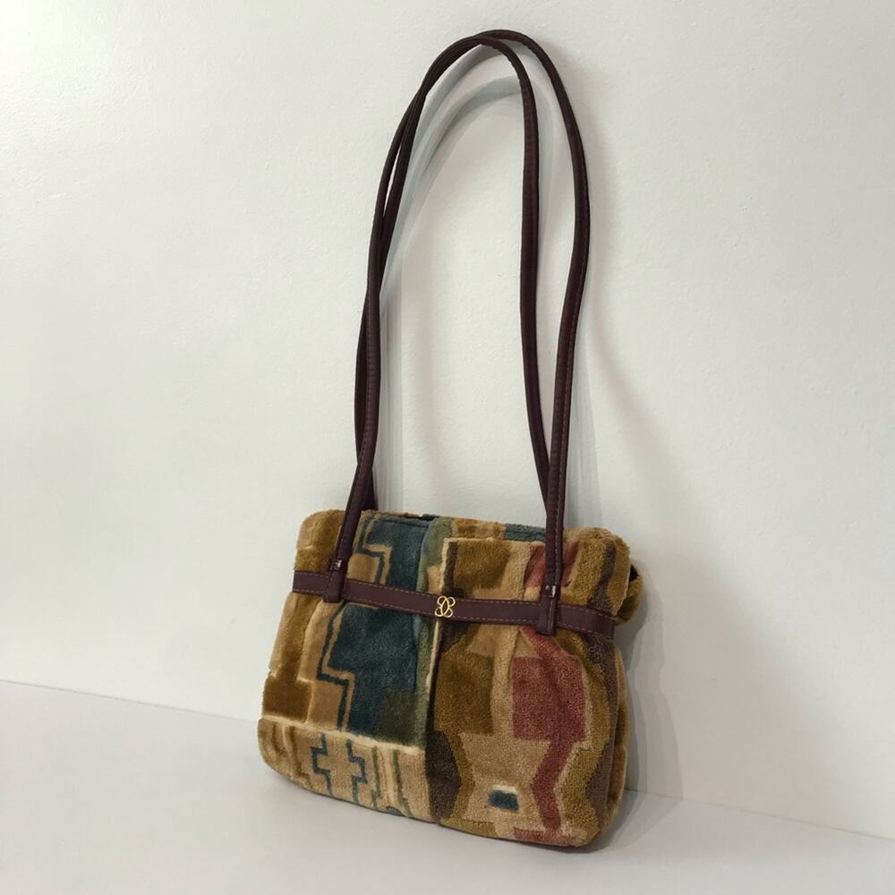 Vintage 70s Carpet Bag Purse Patchwork Southwestern Double Shoulder Strap Tan - Picture 3 of 15